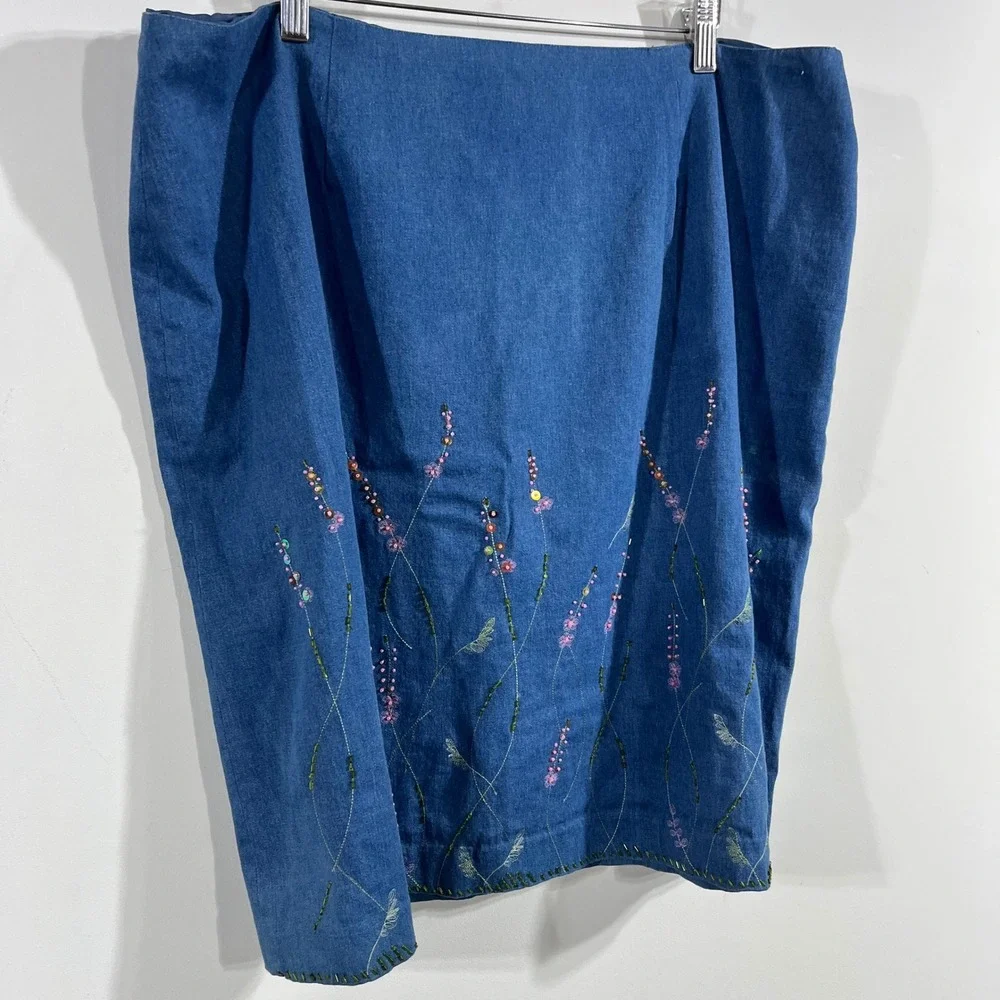 Jane Seymour VTG 90s Cottagecore Denim Embroidered Beaded Skirt Plus 20 Artsy